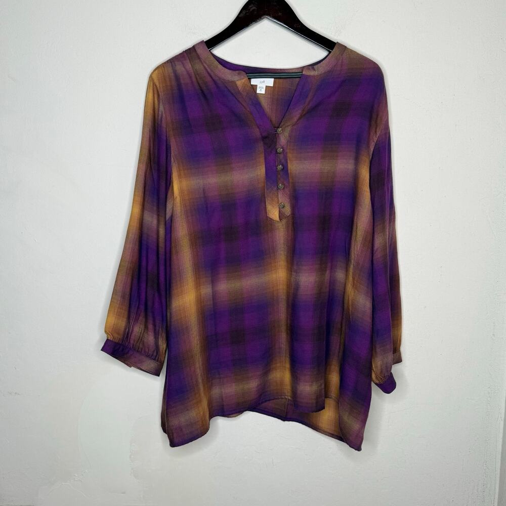 J Jill XL Tall Purple Plaid Henley Tunic Blouse 3/4 Sleeve Boho Cottagecore Fall